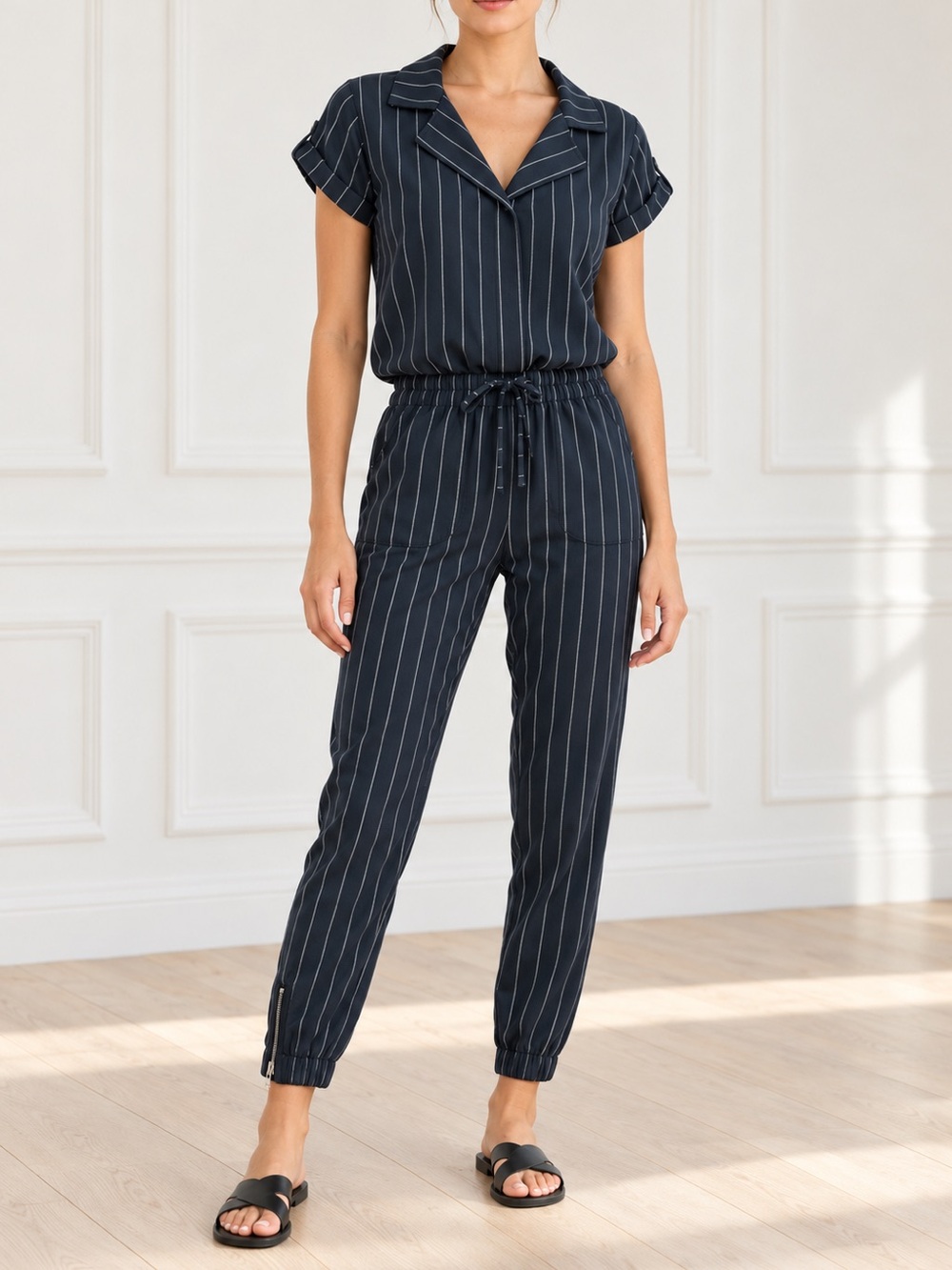 Albion Navy Pinstripe Collared Jumpsuit Sz XXS Short Sleeve Drawstring Jogger